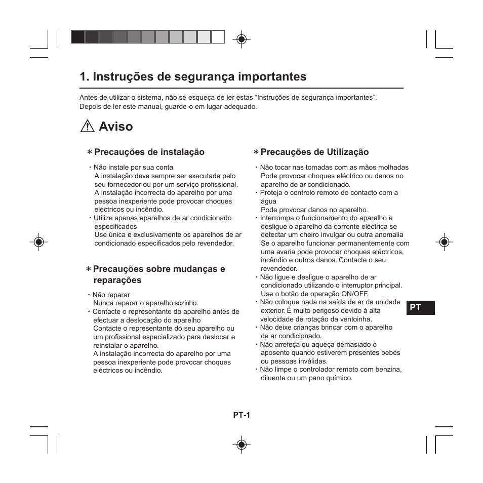 Aviso, Instruções de segurança importantes | Panasonic CZRE2C2 User Manual | Page 23 / 48