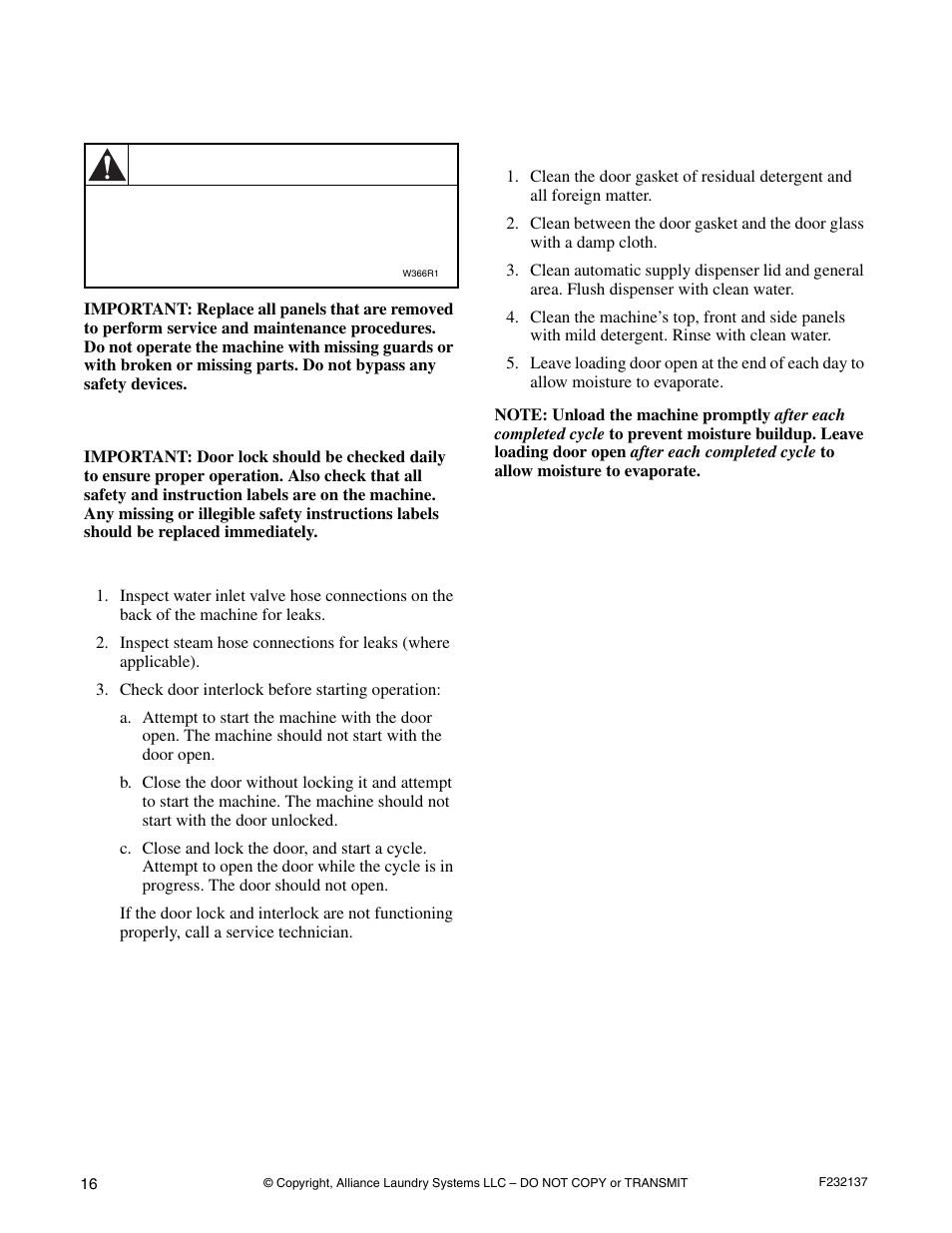 Maintenance, Daily, Beginning of day end of day | Warning | Alliance Laundry Systems HC18PC2 User Manual | Page 18 / 24