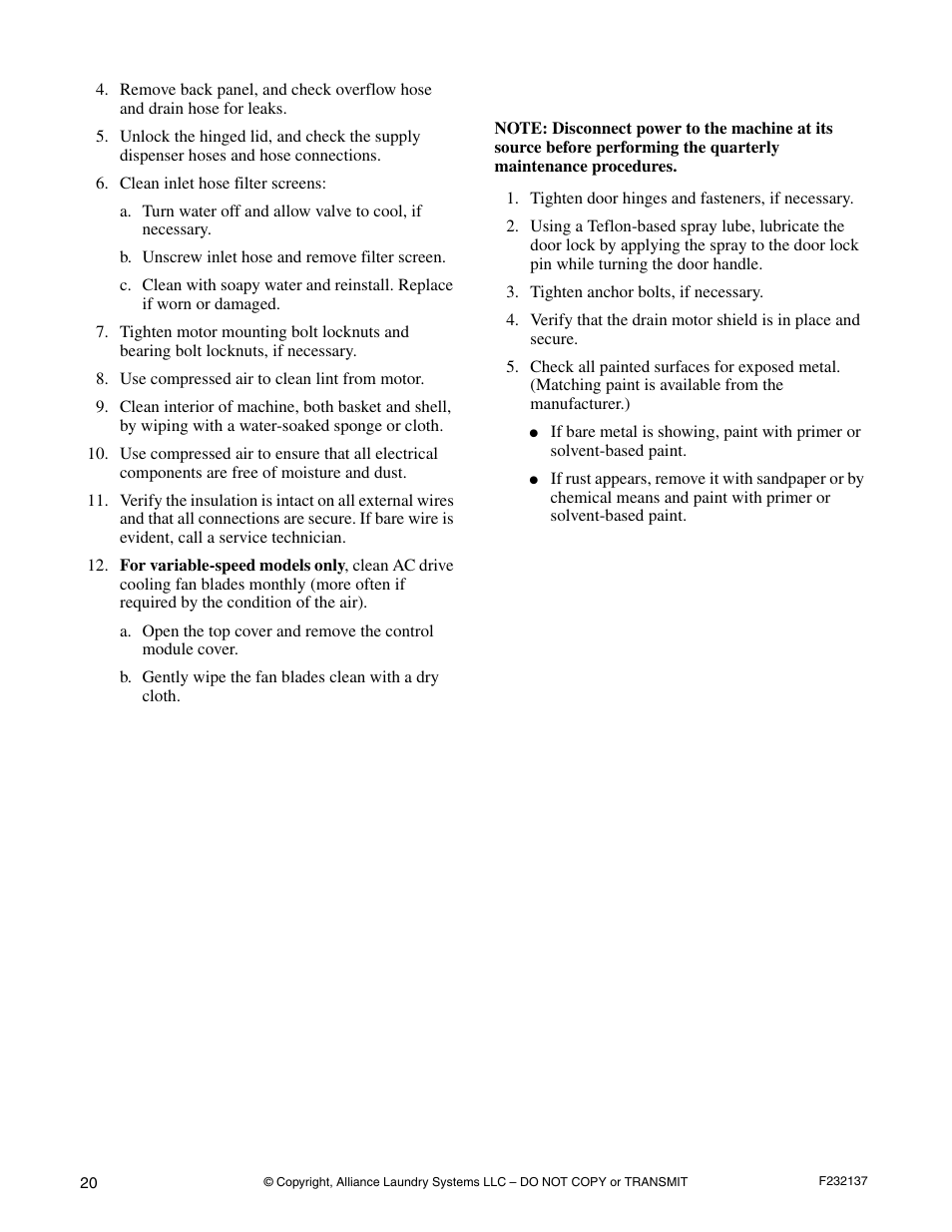 Quarterly | Alliance Laundry Systems HC18PC2 User Manual | Page 22 / 24