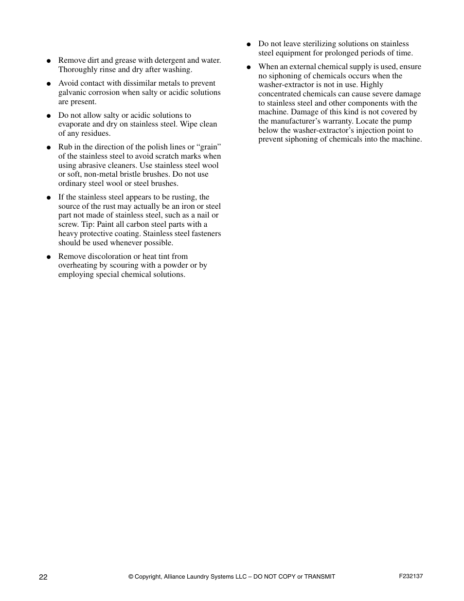 Care of stainless steel | Alliance Laundry Systems HC18PC2 User Manual | Page 24 / 24