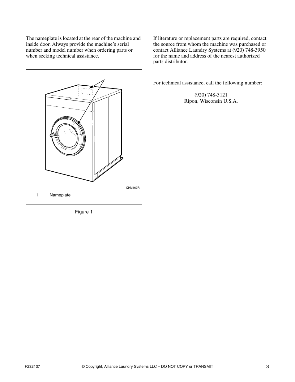 Nameplate location, Replacement parts, Customer service | Alliance Laundry Systems HC18PC2 User Manual | Page 5 / 24