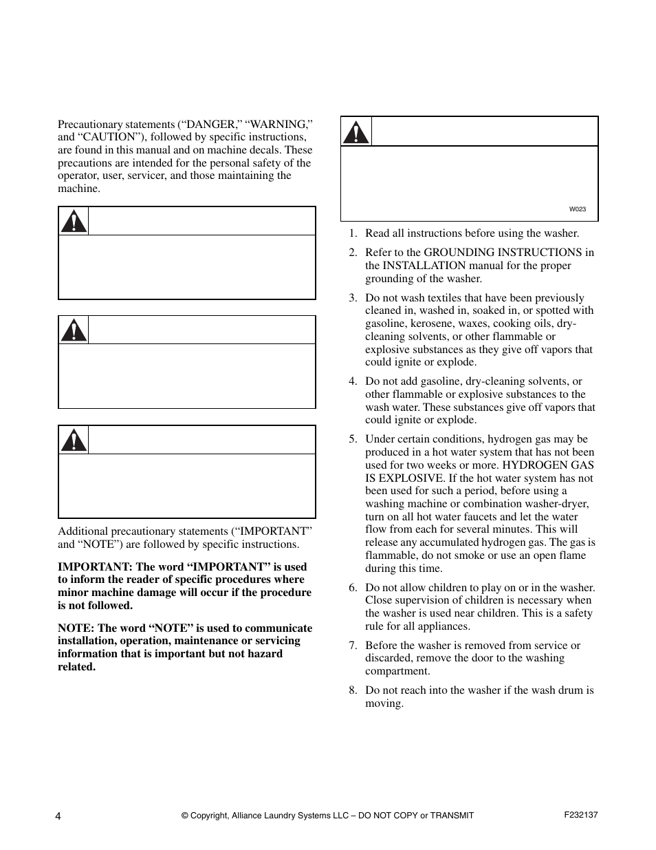 Safety information, Explanation of safety messages, Important safety instructions | Danger, Warning, Caution | Alliance Laundry Systems HC18PC2 User Manual | Page 6 / 24