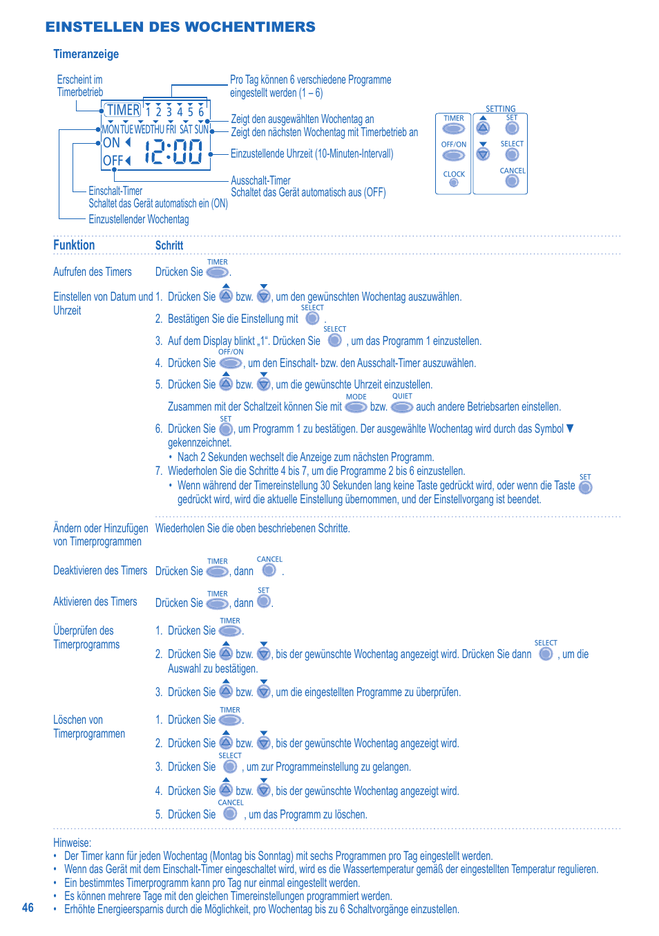 Funktion, Einstellen des wochentimers | Panasonic LA16MI User Manual | Page 46 / 52