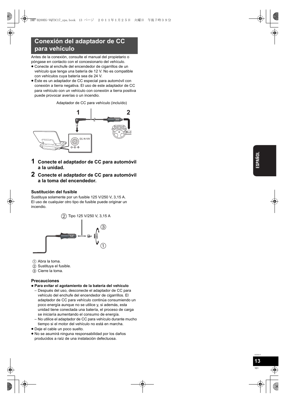 Conexión del adaptador de cc para vehículo | Panasonic DMPB200EG User Manual | Page 101 / 196