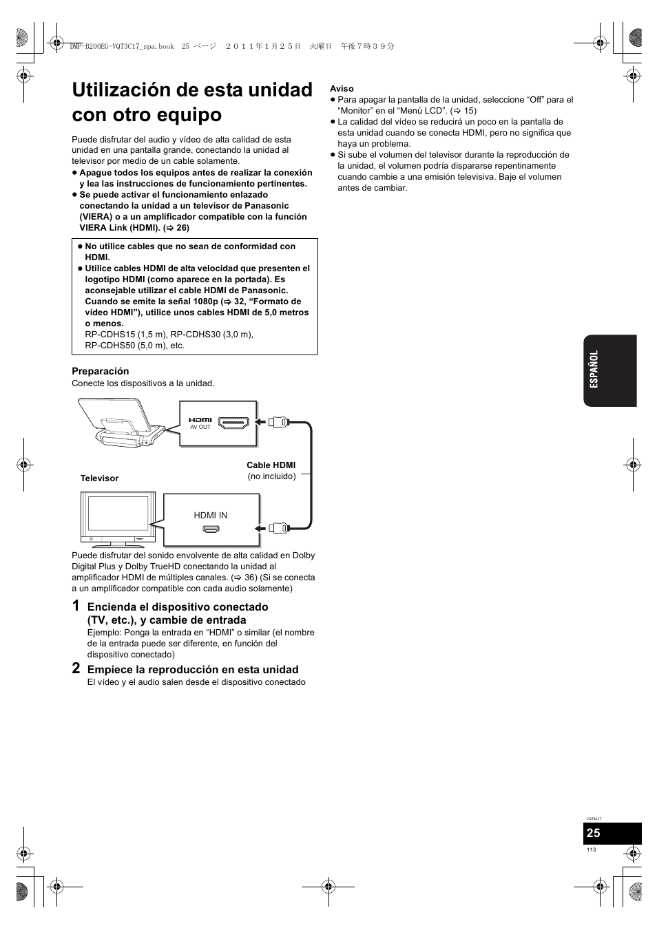 Utilización de esta unidad con otro equipo | Panasonic DMPB200EG User Manual | Page 113 / 196