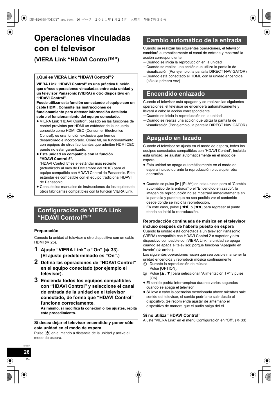 Operaciones vinculadas con el televisor, Viera link “hdavi control™”) | Panasonic DMPB200EG User Manual | Page 114 / 196