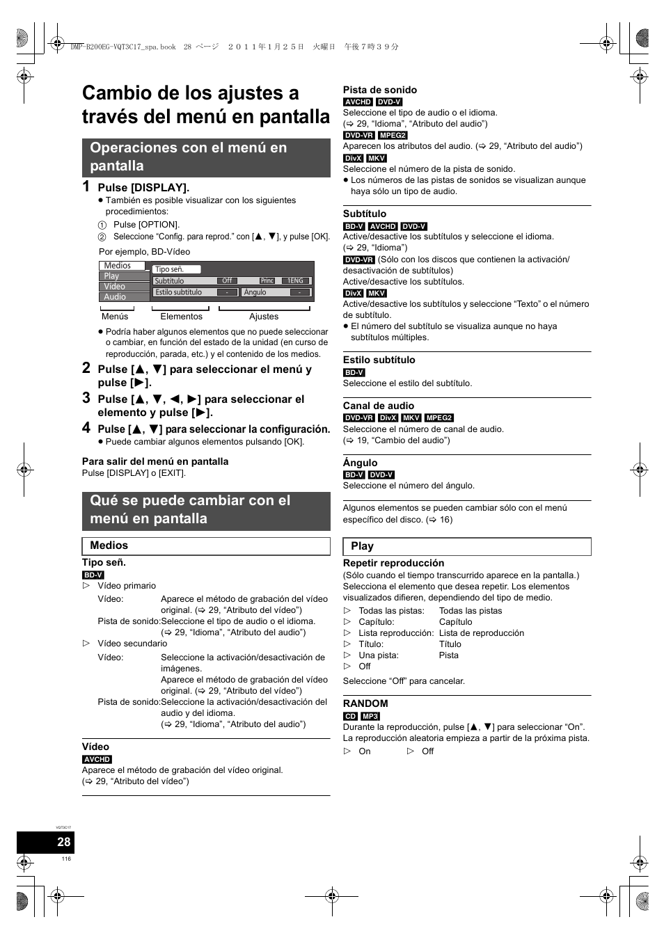 Operaciones con el menú en pantalla, Qué se puede cambiar con el menú en pantalla | Panasonic DMPB200EG User Manual | Page 116 / 196