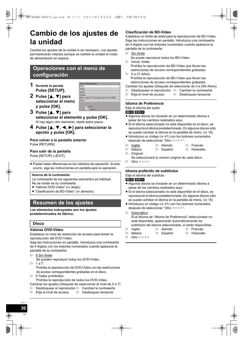 Cambio de los ajustes de la unidad, Operaciones con el menú de configuración, Resumen de los ajustes | Panasonic DMPB200EG User Manual | Page 118 / 196
