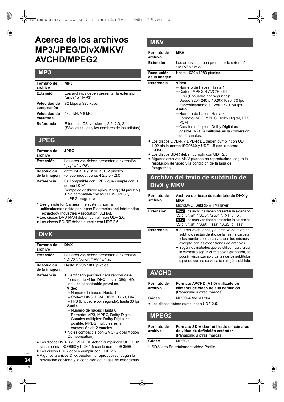 Jpeg, Divx, Archivo del texto de subtítulo de divx y mkv | Avchd, Mpeg2 | Panasonic DMPB200EG User Manual | Page 122 / 196