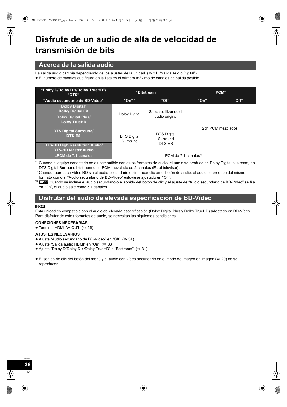 Acerca de la salida audio | Panasonic DMPB200EG User Manual | Page 124 / 196