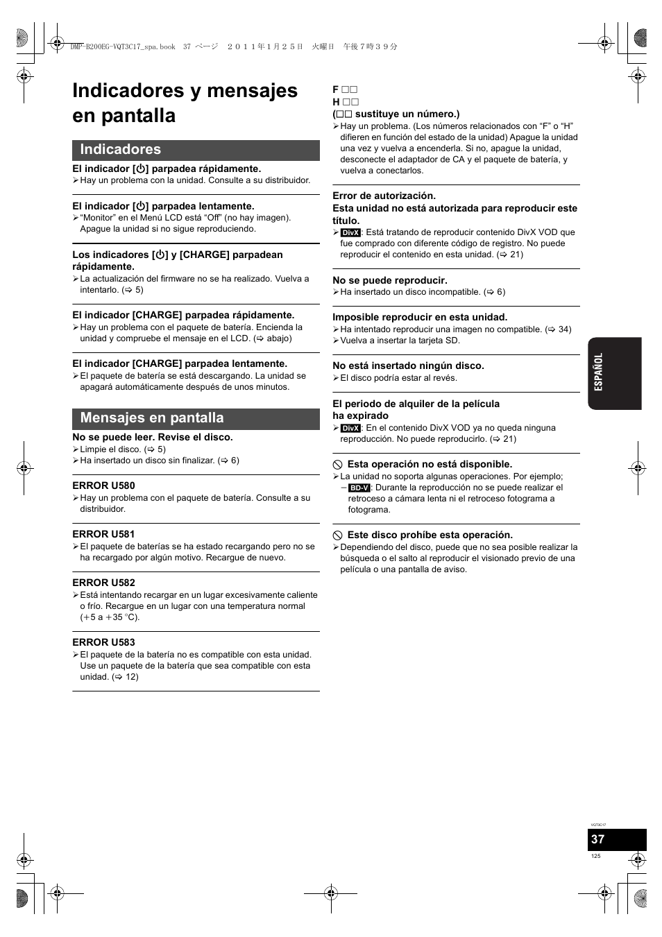 Indicadores y mensajes en pantalla, Indicadores mensajes en pantalla | Panasonic DMPB200EG User Manual | Page 125 / 196