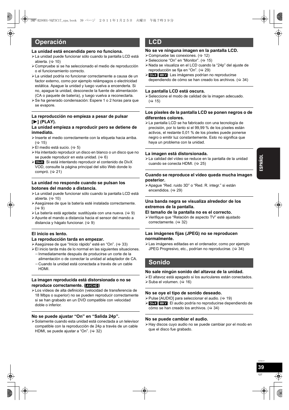Operación lcd sonido | Panasonic DMPB200EG User Manual | Page 127 / 196