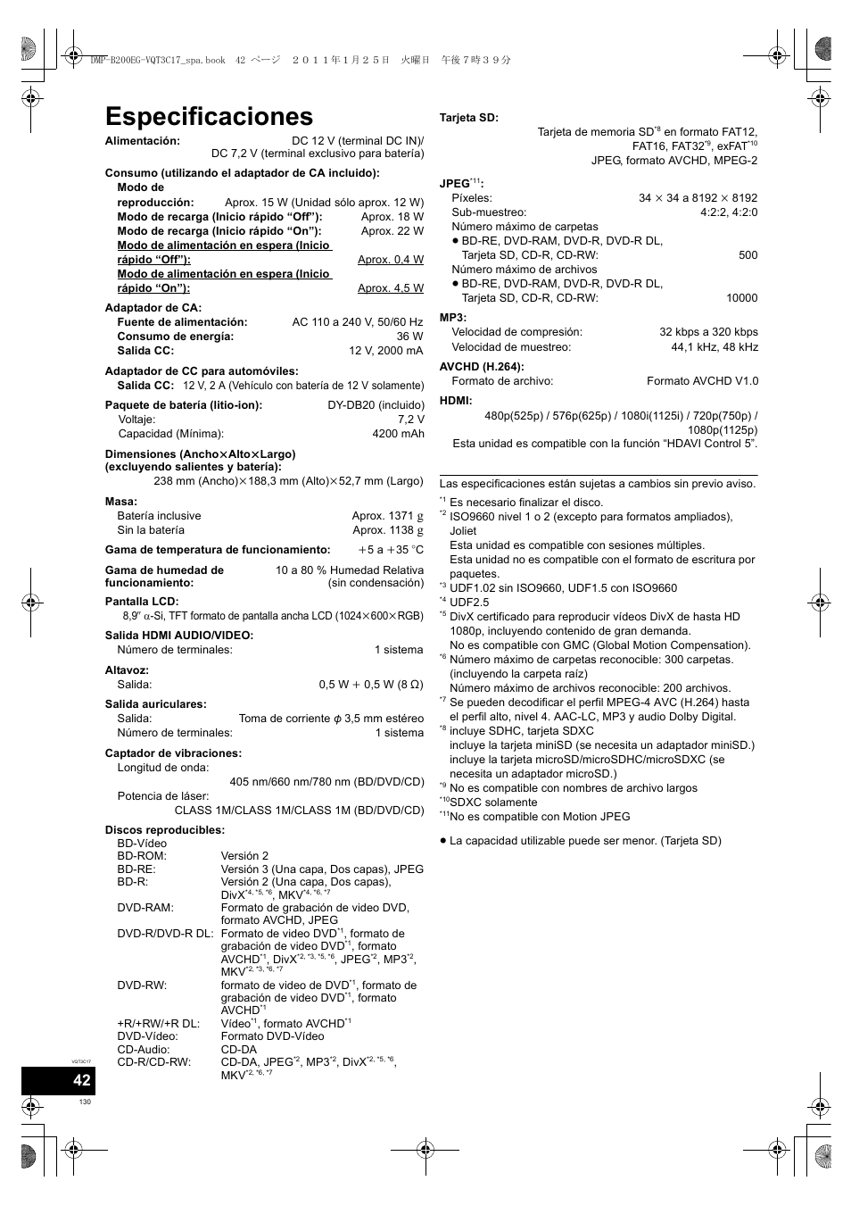 Especificaciones | Panasonic DMPB200EG User Manual | Page 130 / 196