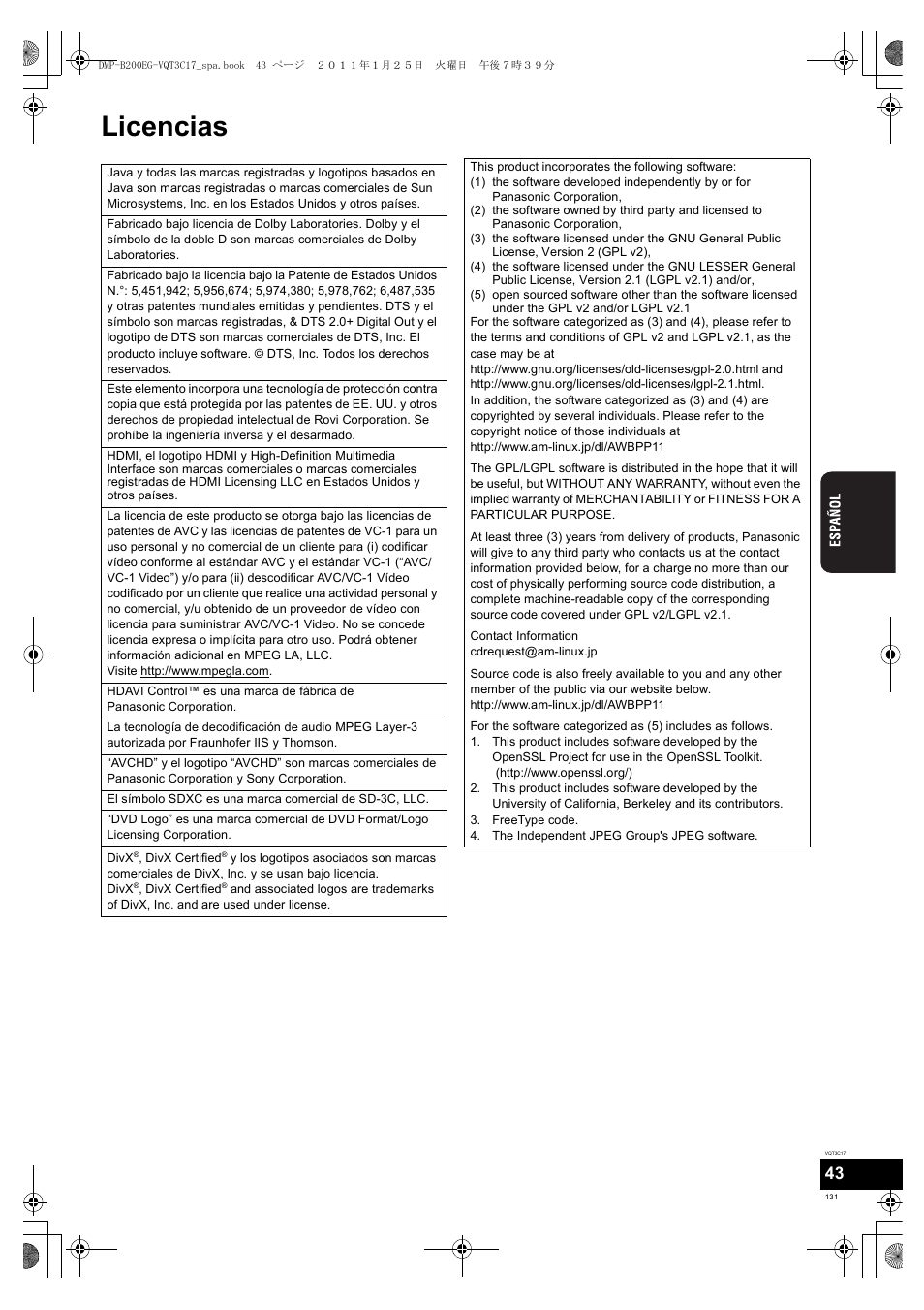 Licencias | Panasonic DMPB200EG User Manual | Page 131 / 196