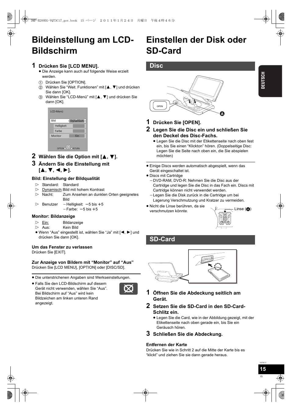 Bildeinstellung am lcd- bildschirm, Einstellen der disk oder sd-card, Disc sd-card | Panasonic DMPB200EG User Manual | Page 15 / 196