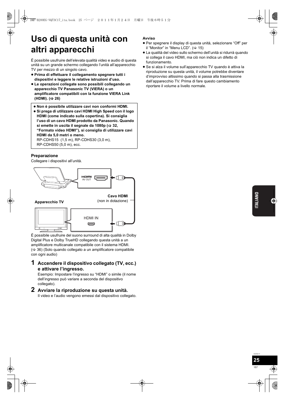 Uso di questa unità con altri apparecchi | Panasonic DMPB200EG User Manual | Page 157 / 196