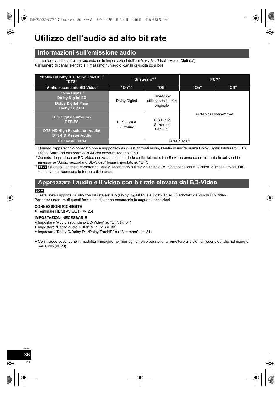 Utilizzo dell’audio ad alto bit rate, Informazioni sull'emissione audio | Panasonic DMPB200EG User Manual | Page 168 / 196