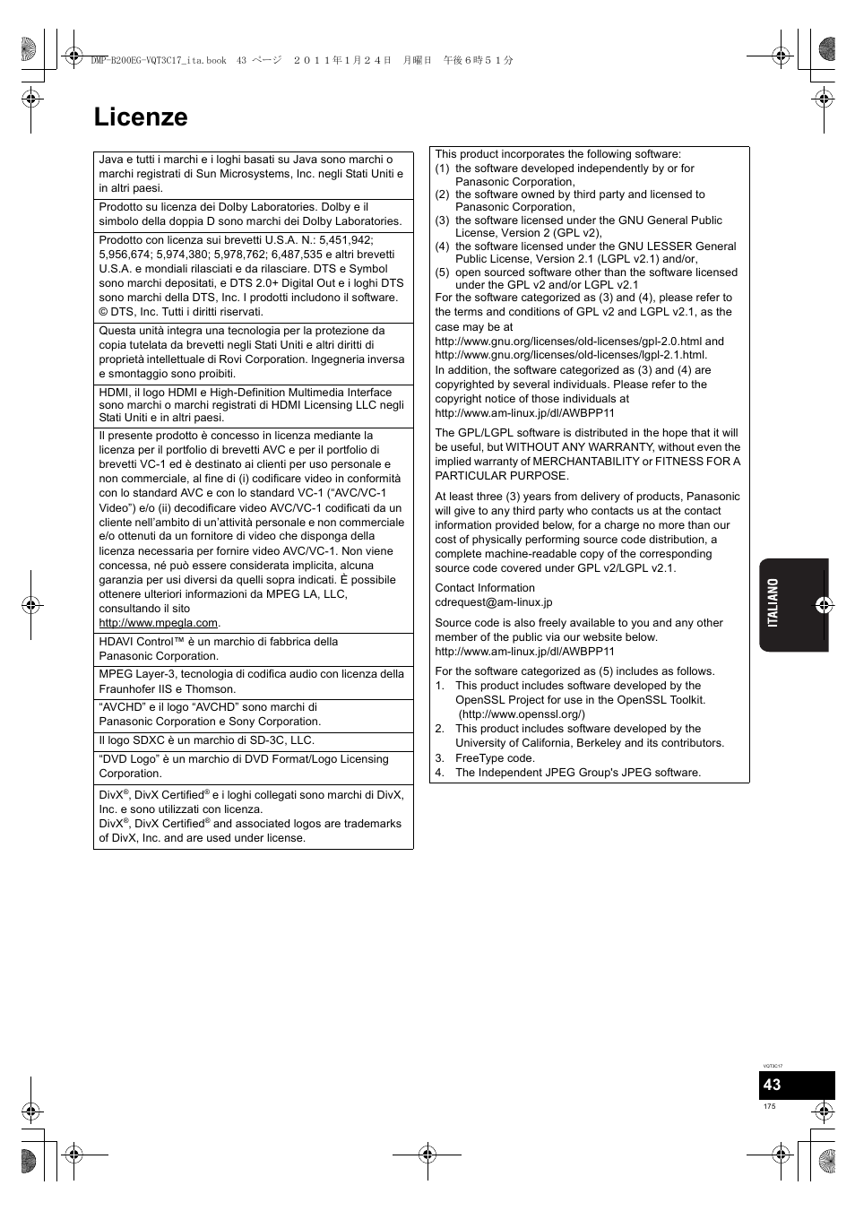Licenze | Panasonic DMPB200EG User Manual | Page 175 / 196