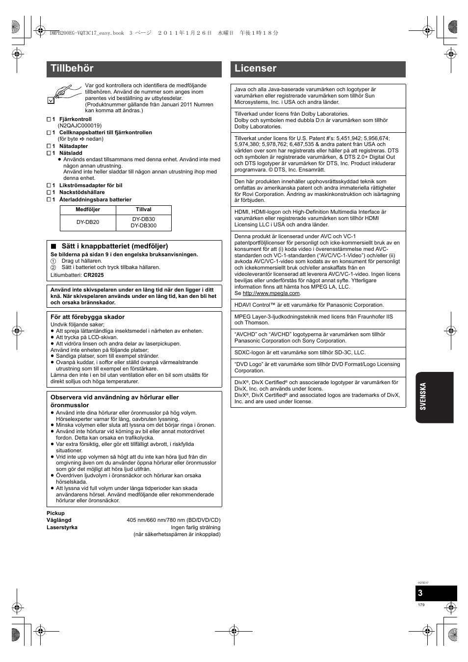 Tillbehör, Licenser | Panasonic DMPB200EG User Manual | Page 179 / 196