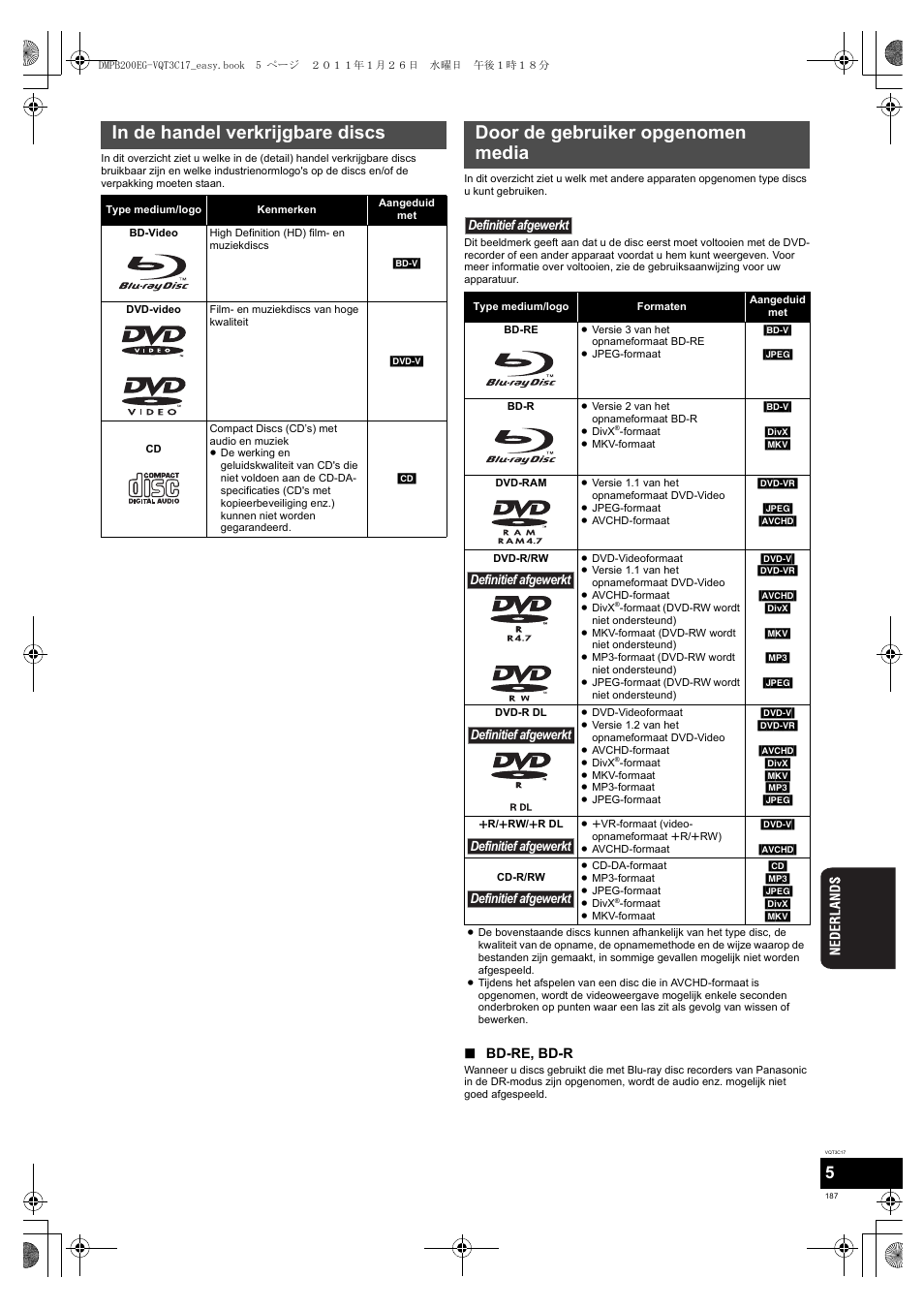 Door de gebruiker opgenomen media | Panasonic DMPB200EG User Manual | Page 187 / 196
