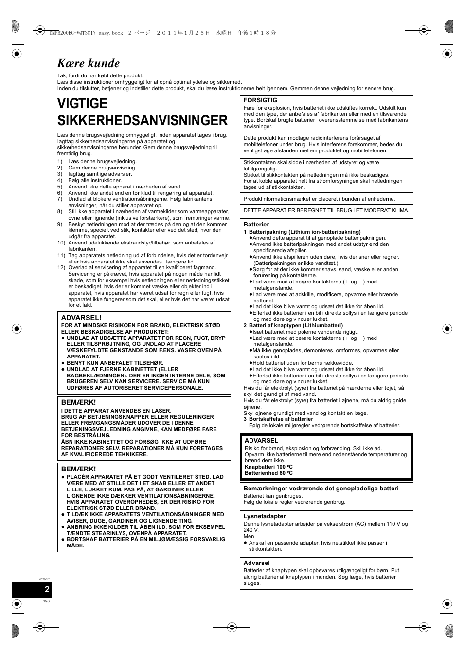 Vigtige sikkerhedsanvisninger, Kære kunde | Panasonic DMPB200EG User Manual | Page 190 / 196