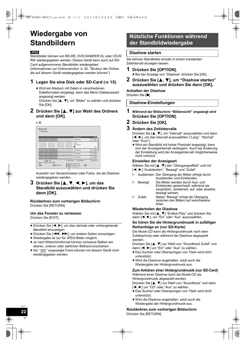 Wiedergabe von standbildern | Panasonic DMPB200EG User Manual | Page 22 / 196