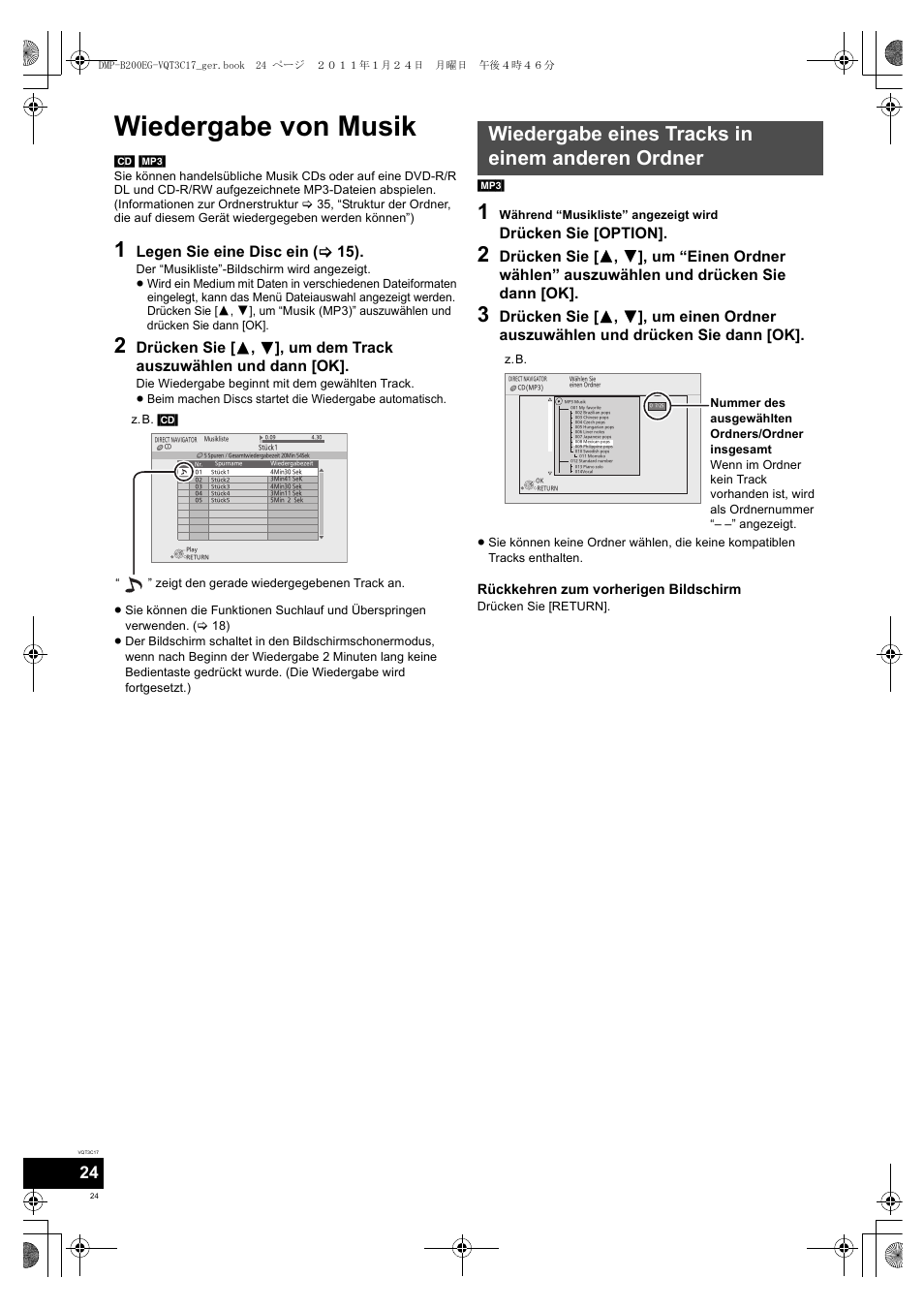 Wiedergabe von musik, Wiedergabe eines tracks in einem anderen ordner, Legen sie eine disc ein ( > 15) | Drücken sie [option | Panasonic DMPB200EG User Manual | Page 24 / 196