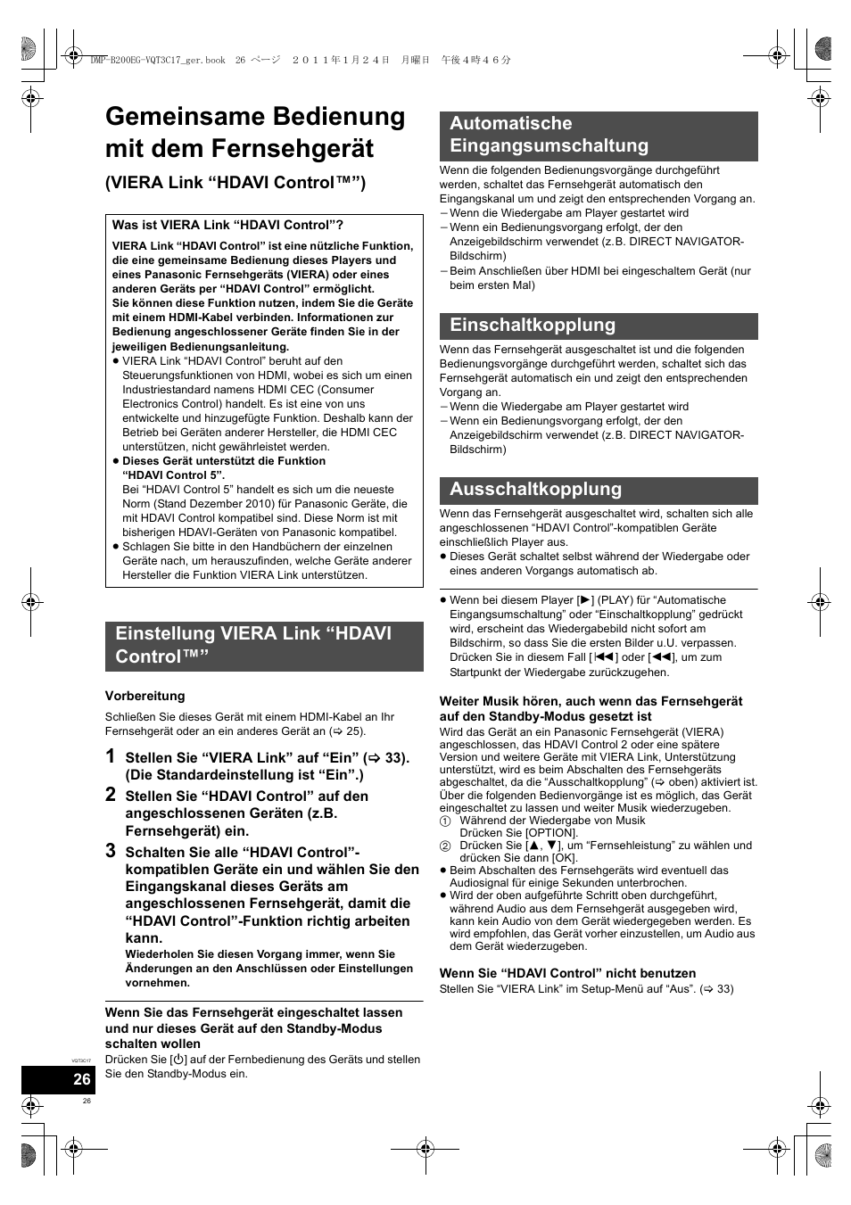 Gemeinsame bedienung mit dem fernsehgerät, Viera link “hdavi control™”) | Panasonic DMPB200EG User Manual | Page 26 / 196