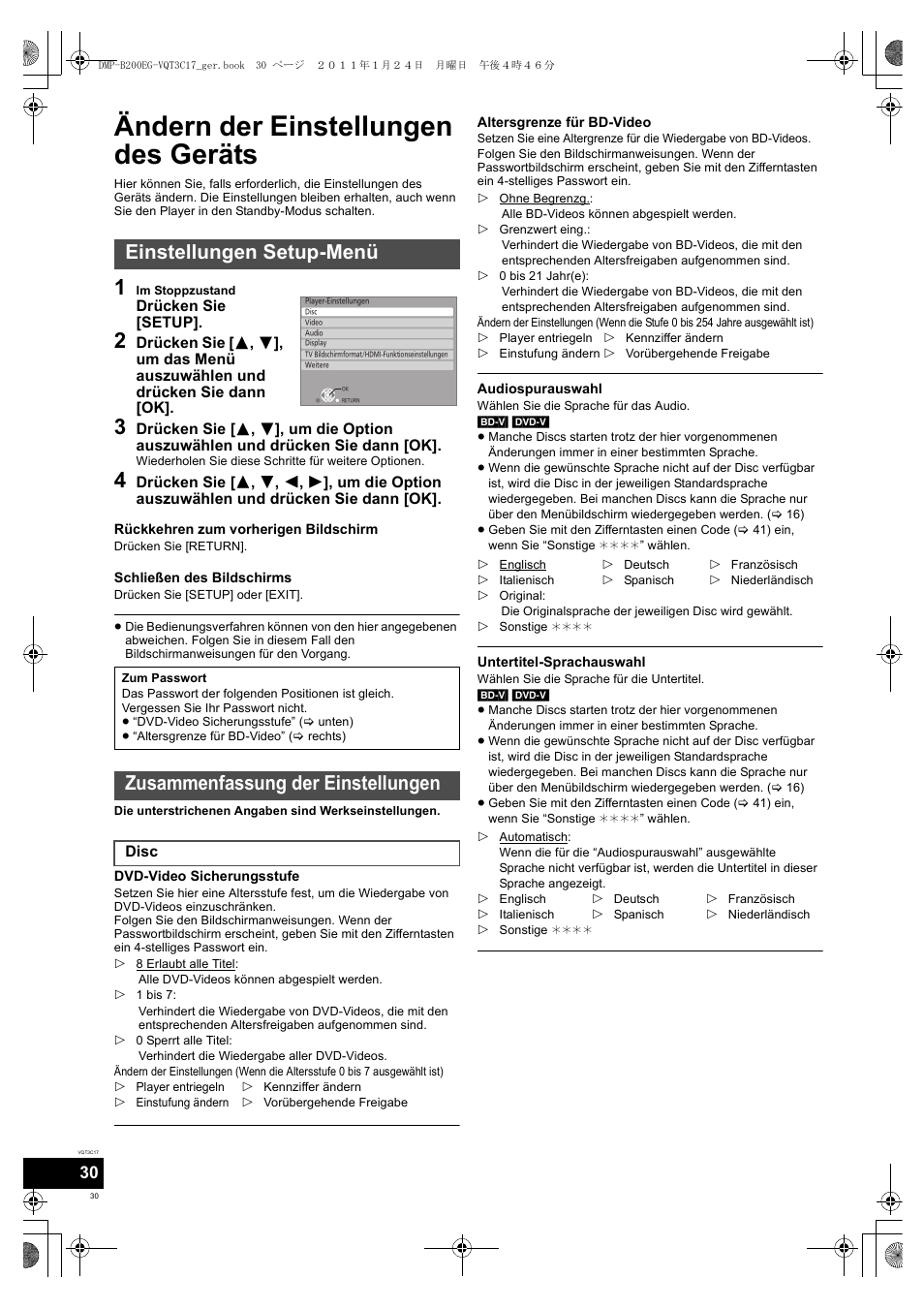 Ändern der einstellungen des geräts, Einstellungen setup-menü, Zusammenfassung der einstellungen | Panasonic DMPB200EG User Manual | Page 30 / 196