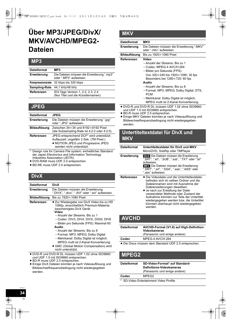 Über mp3/jpeg/divx/ mkv/avchd/mpeg2- dateien, Avchd, Mpeg2 | Jpeg, Divx, Untertiteltextdatei für divx und mkv | Panasonic DMPB200EG User Manual | Page 34 / 196