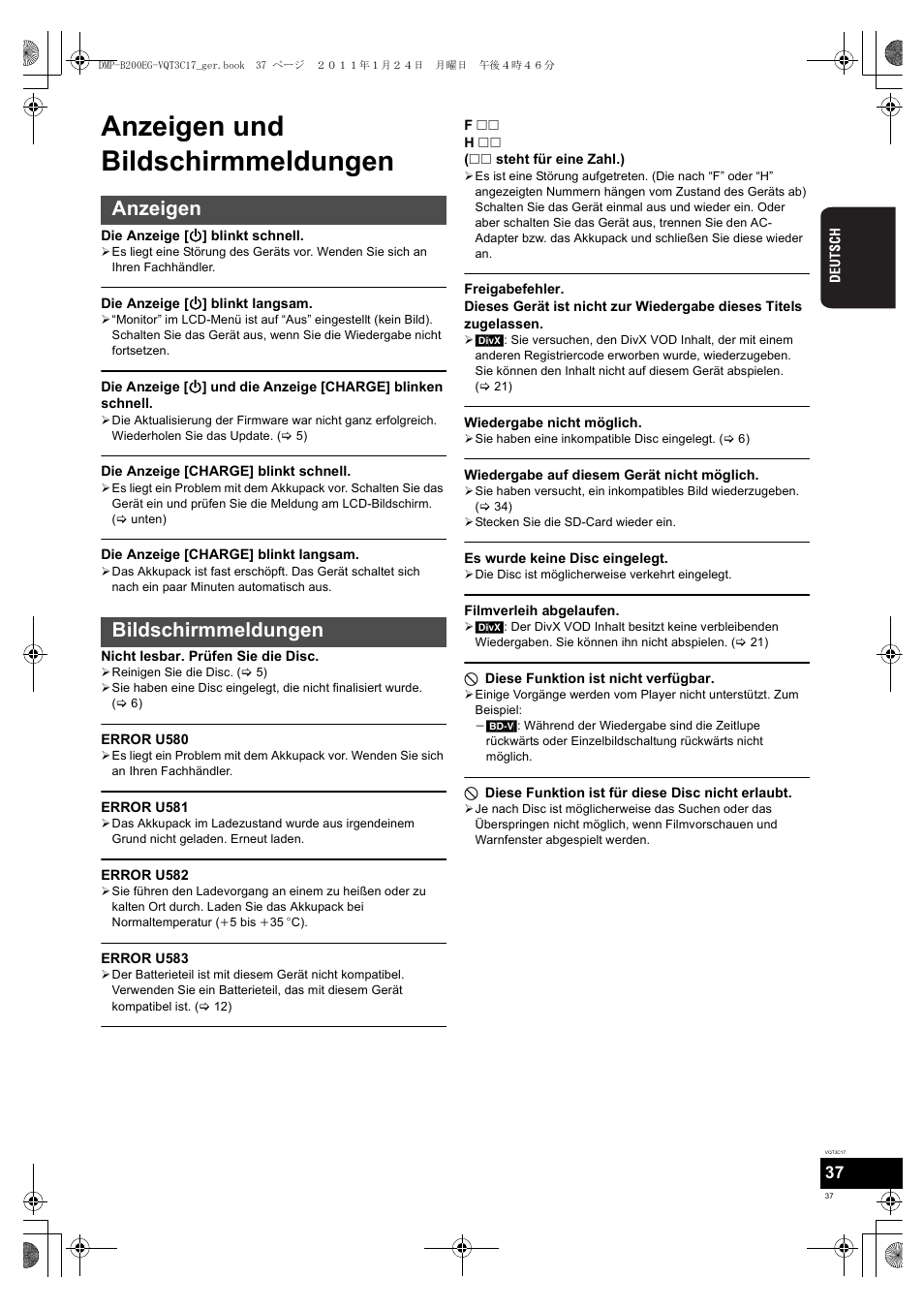 Anzeigen und bildschirmmeldungen, Anzeigen bildschirmmeldungen | Panasonic DMPB200EG User Manual | Page 37 / 196