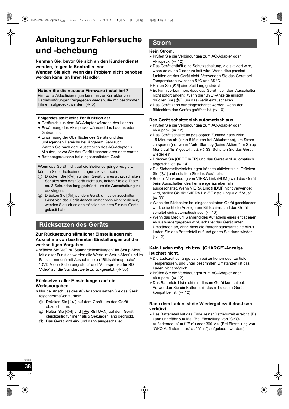 Anleitung zur fehlersuche und -behebung, Rücksetzen des geräts, Strom | Panasonic DMPB200EG User Manual | Page 38 / 196