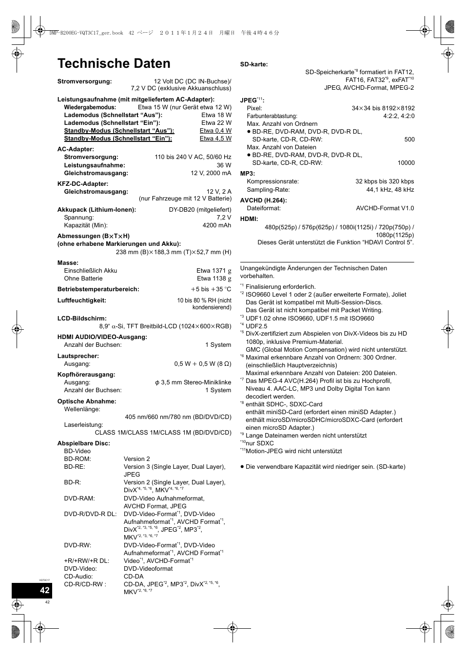 Technische daten | Panasonic DMPB200EG User Manual | Page 42 / 196