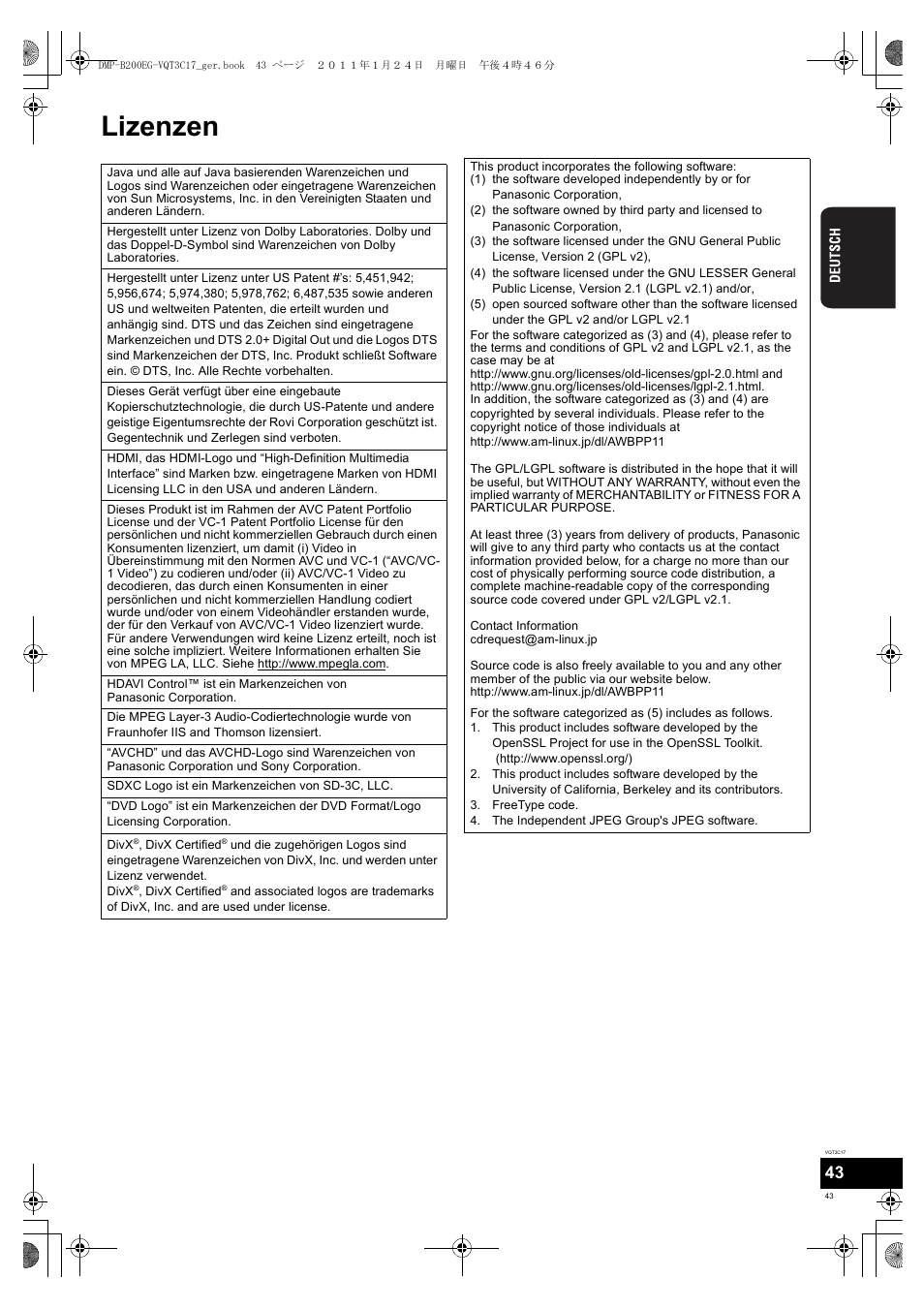 Lizenzen | Panasonic DMPB200EG User Manual | Page 43 / 196