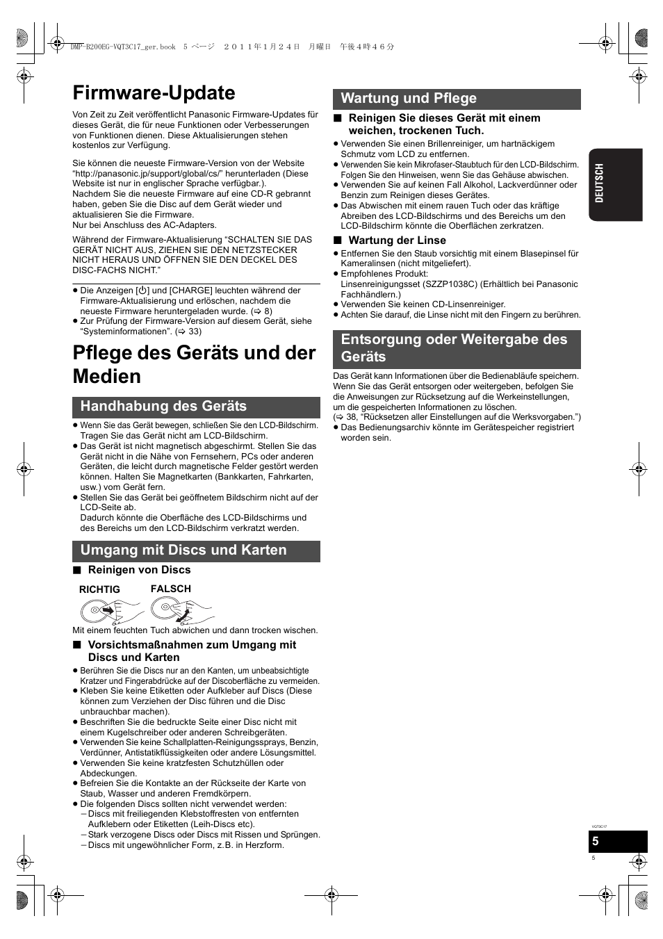 Firmware-update, Pflege des geräts und der medien, Handhabung des geräts umgang mit discs und karten | Panasonic DMPB200EG User Manual | Page 5 / 196