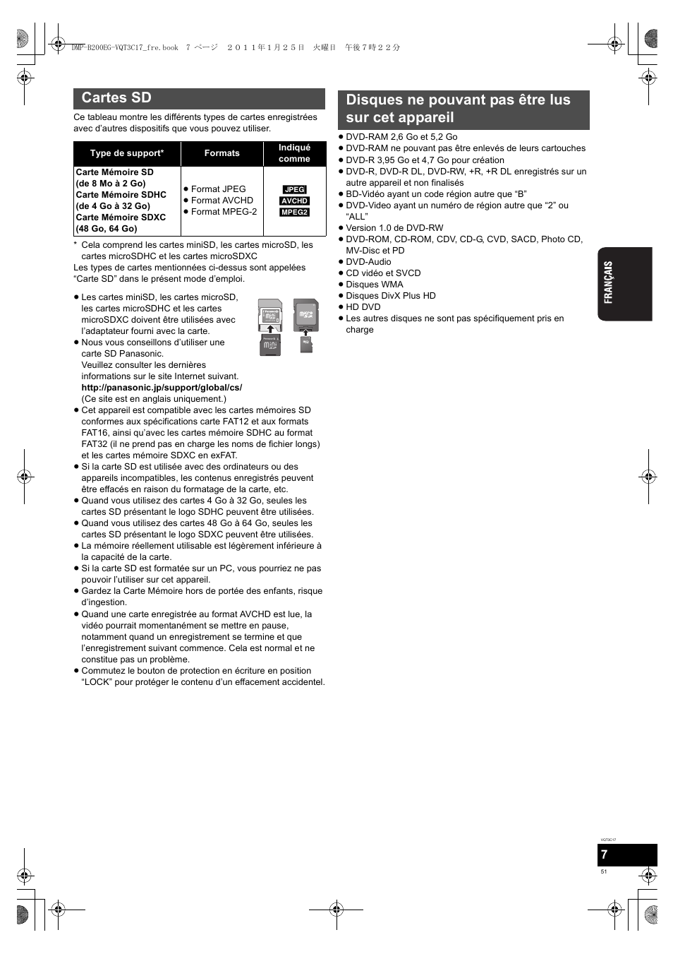 Cartes sd, Disques ne pouvant pas être lus sur cet appareil | Panasonic DMPB200EG User Manual | Page 51 / 196