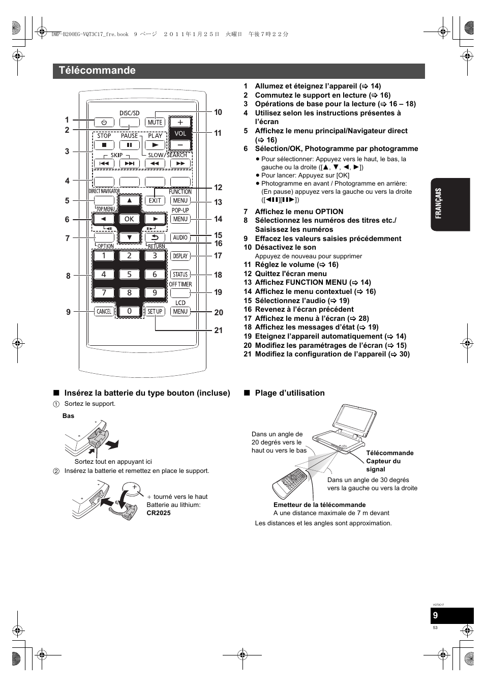 Télécommande | Panasonic DMPB200EG User Manual | Page 53 / 196
