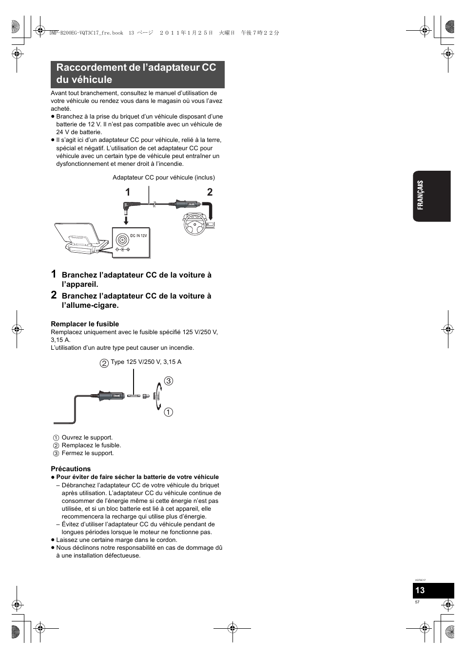 Raccordement de l’adaptateur cc du véhicule | Panasonic DMPB200EG User Manual | Page 57 / 196