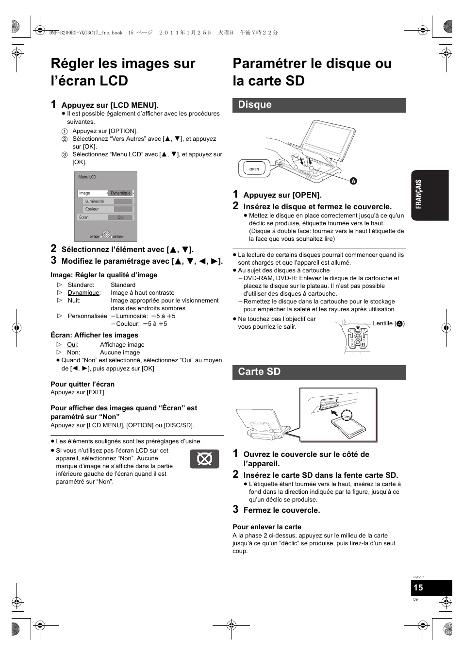 Régler les images sur l’écran lcd, Paramétrer le disque ou la carte sd, Disque carte sd | Panasonic DMPB200EG User Manual | Page 59 / 196