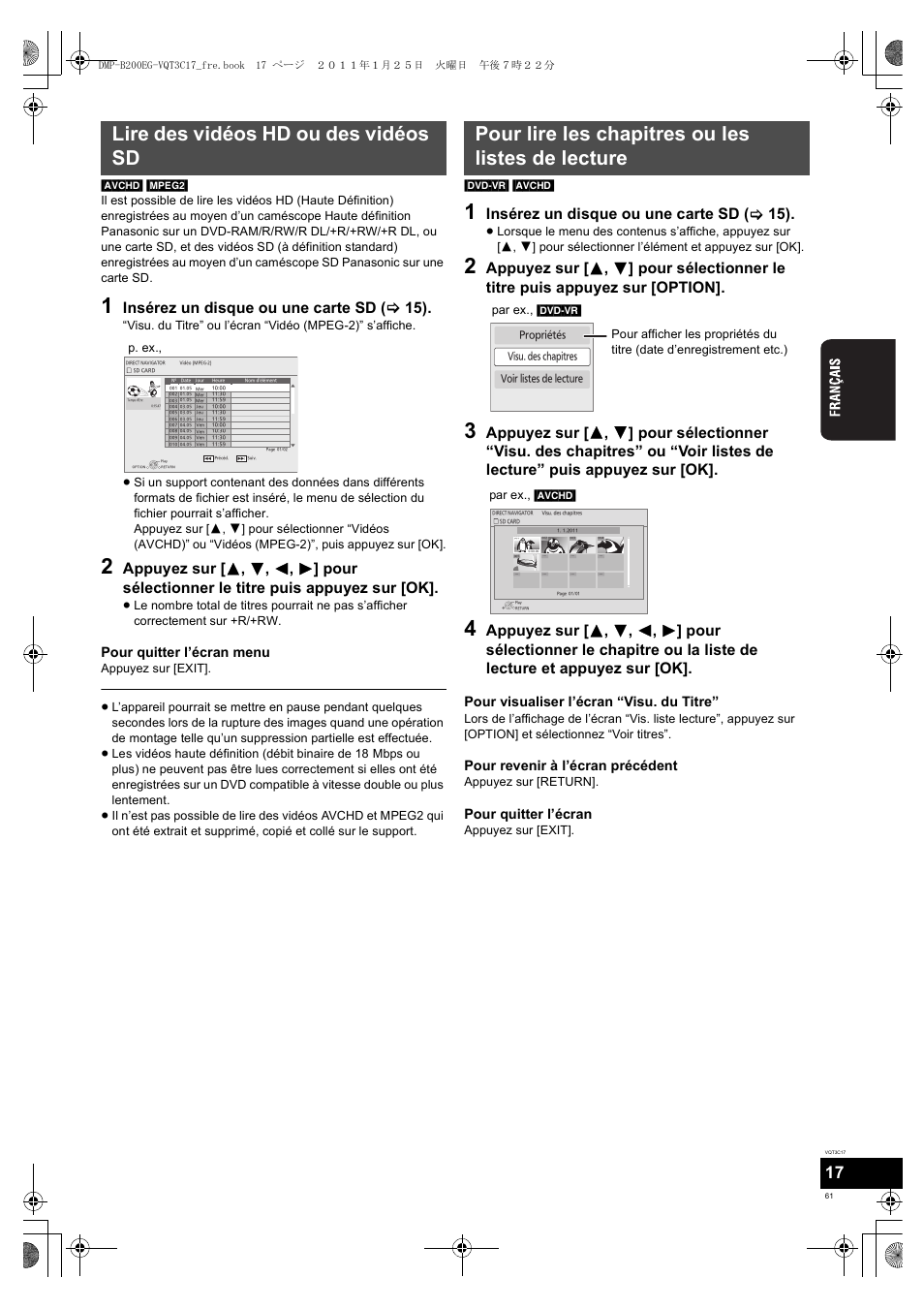 Lire des vidéos hd ou des vidéos sd, Pour lire les chapitres ou les listes de lecture, Insérez un disque ou une carte sd ( > 15) | Pour quitter l’écran menu, Pour visualiser l’écran “visu. du titre, Pour revenir à l’écran précédent, Pour quitter l’écran | Panasonic DMPB200EG User Manual | Page 61 / 196