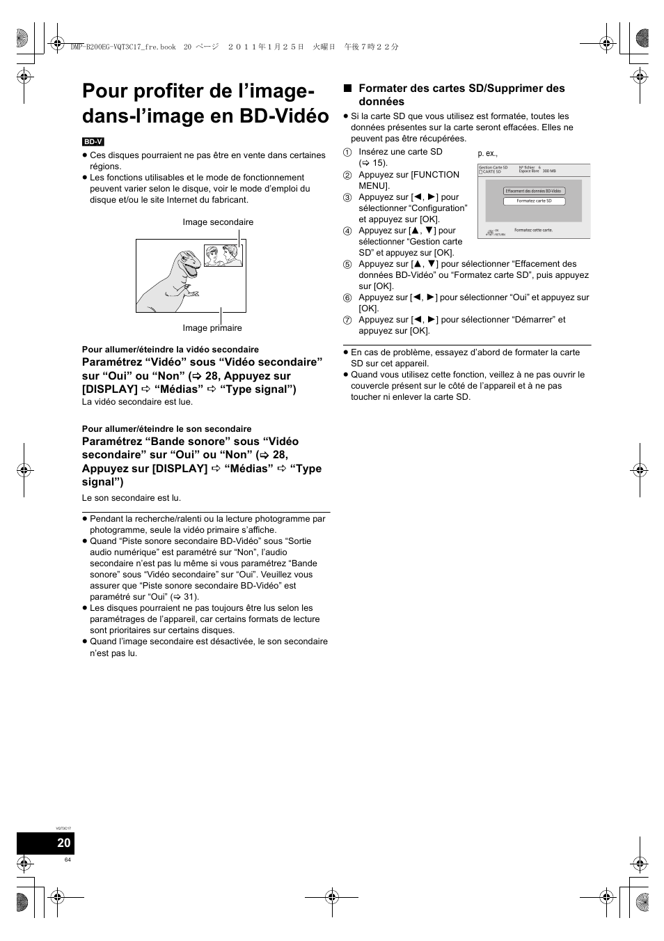 Pour profiter de l’image- dans-l’image en bd-vidéo, Formater des cartes sd/supprimer des données | Panasonic DMPB200EG User Manual | Page 64 / 196