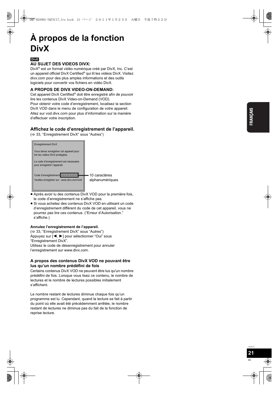 À propos de la fonction divx | Panasonic DMPB200EG User Manual | Page 65 / 196