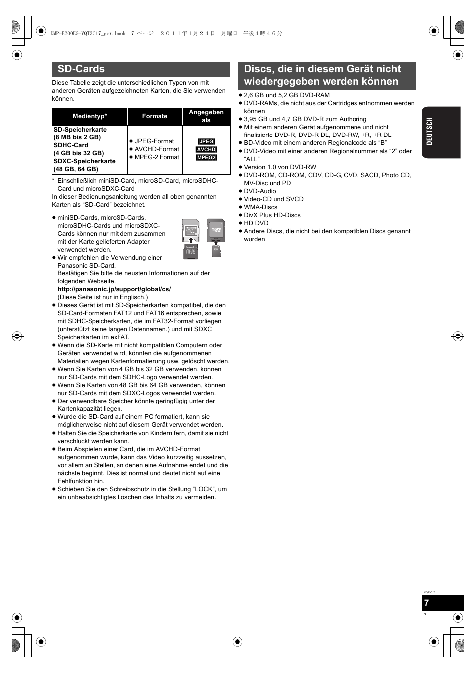 Sd-cards | Panasonic DMPB200EG User Manual | Page 7 / 196