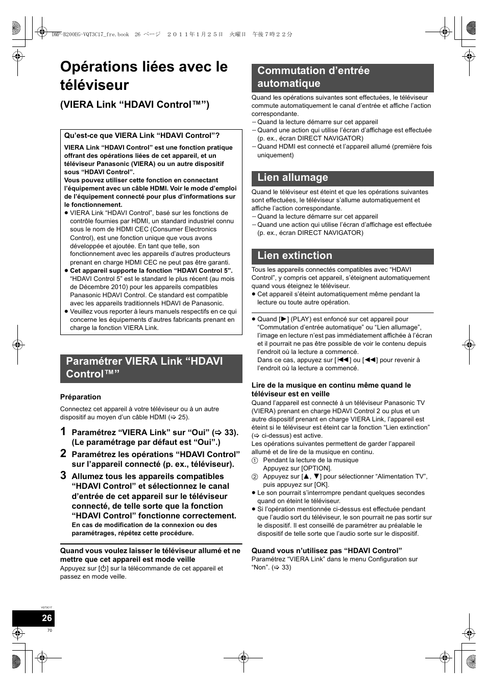 Opérations liées avec le téléviseur, Viera link “hdavi control™”) | Panasonic DMPB200EG User Manual | Page 70 / 196