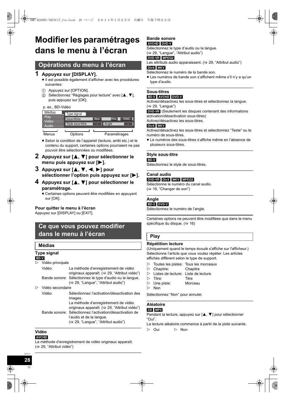 Modifier les paramétrages dans le menu à l’écran, Opérations du menu à l’écran, Ce que vous pouvez modifier dans le menu à l’écran | Panasonic DMPB200EG User Manual | Page 72 / 196