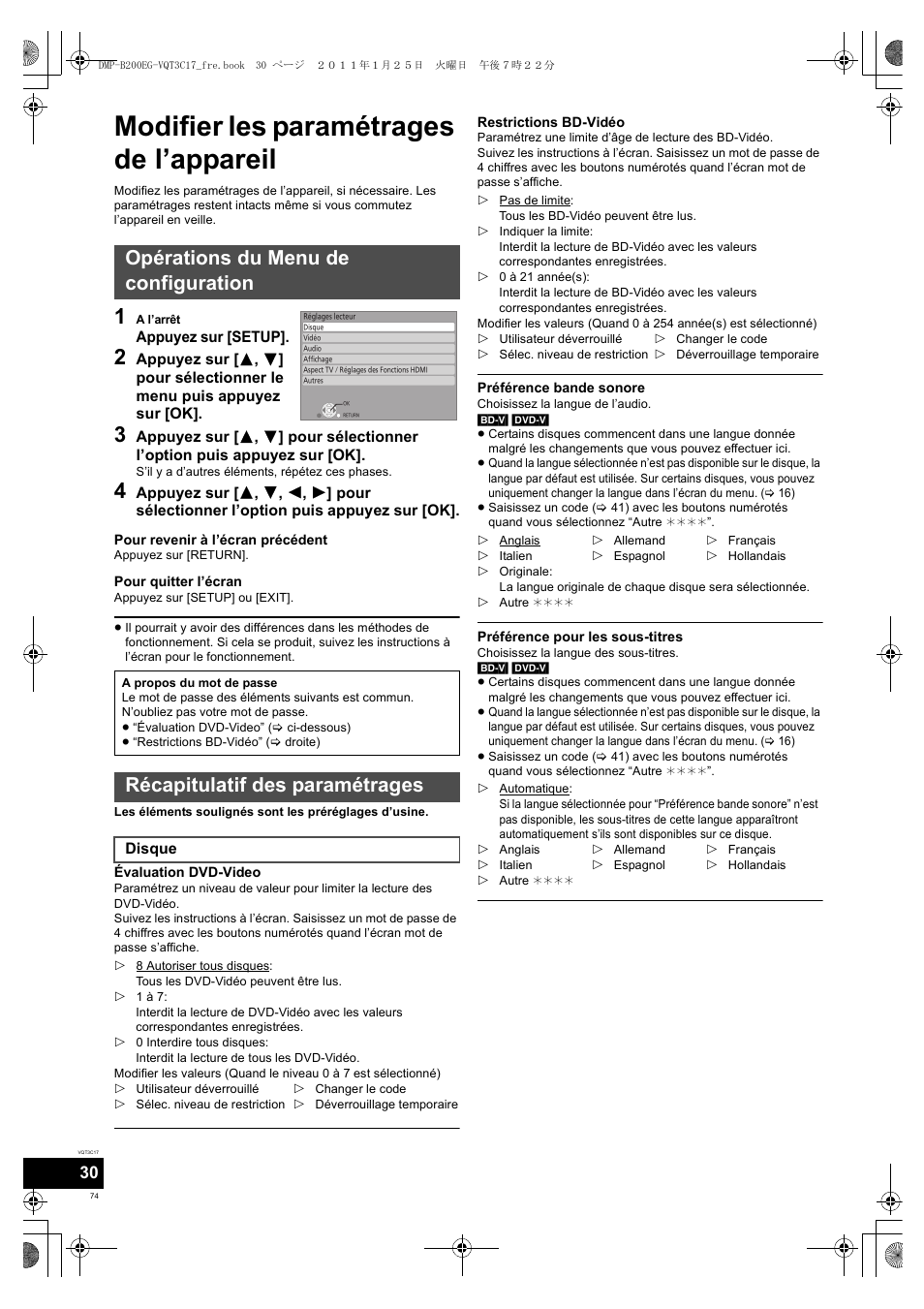 Modifier les paramétrages de l’appareil, Opérations du menu de configuration, Récapitulatif des paramétrages | Panasonic DMPB200EG User Manual | Page 74 / 196