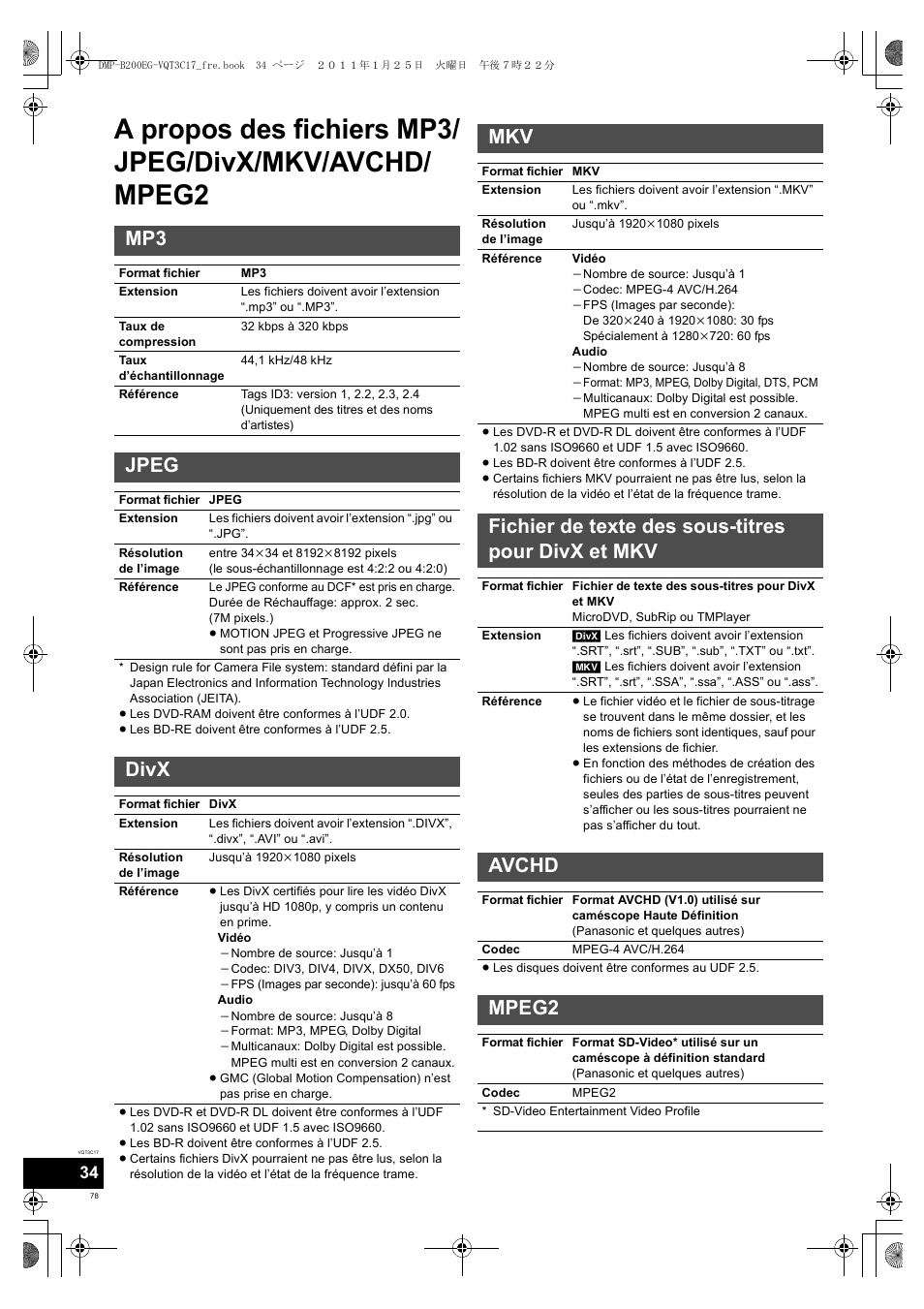 Jpeg, Divx, Fichier de texte des sous-titres pour divx et mkv | Avchd, Mpeg2 | Panasonic DMPB200EG User Manual | Page 78 / 196