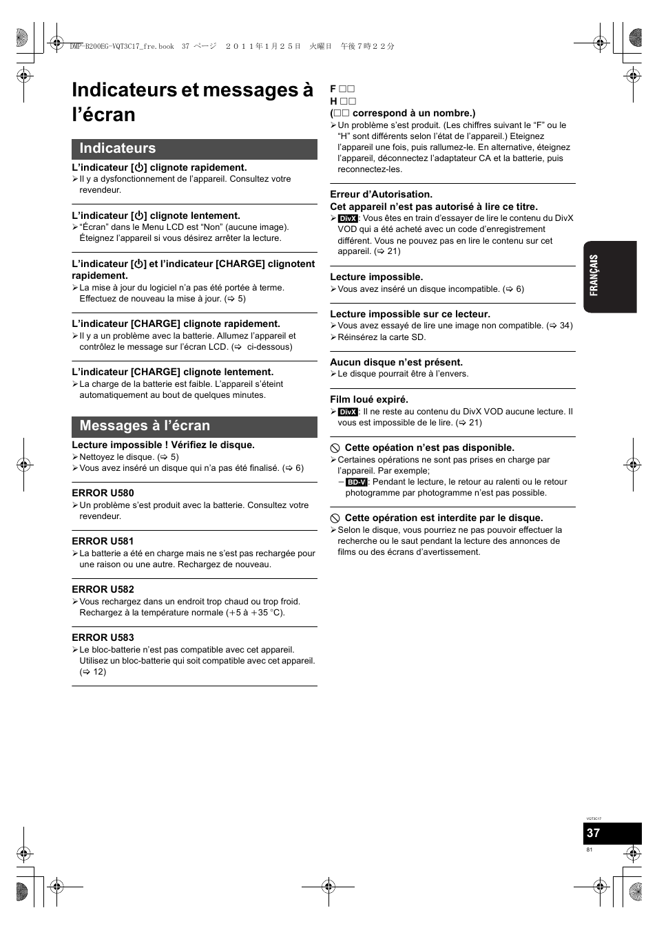 Indicateurs et messages à l’écran, Indicateurs messages à l’écran | Panasonic DMPB200EG User Manual | Page 81 / 196