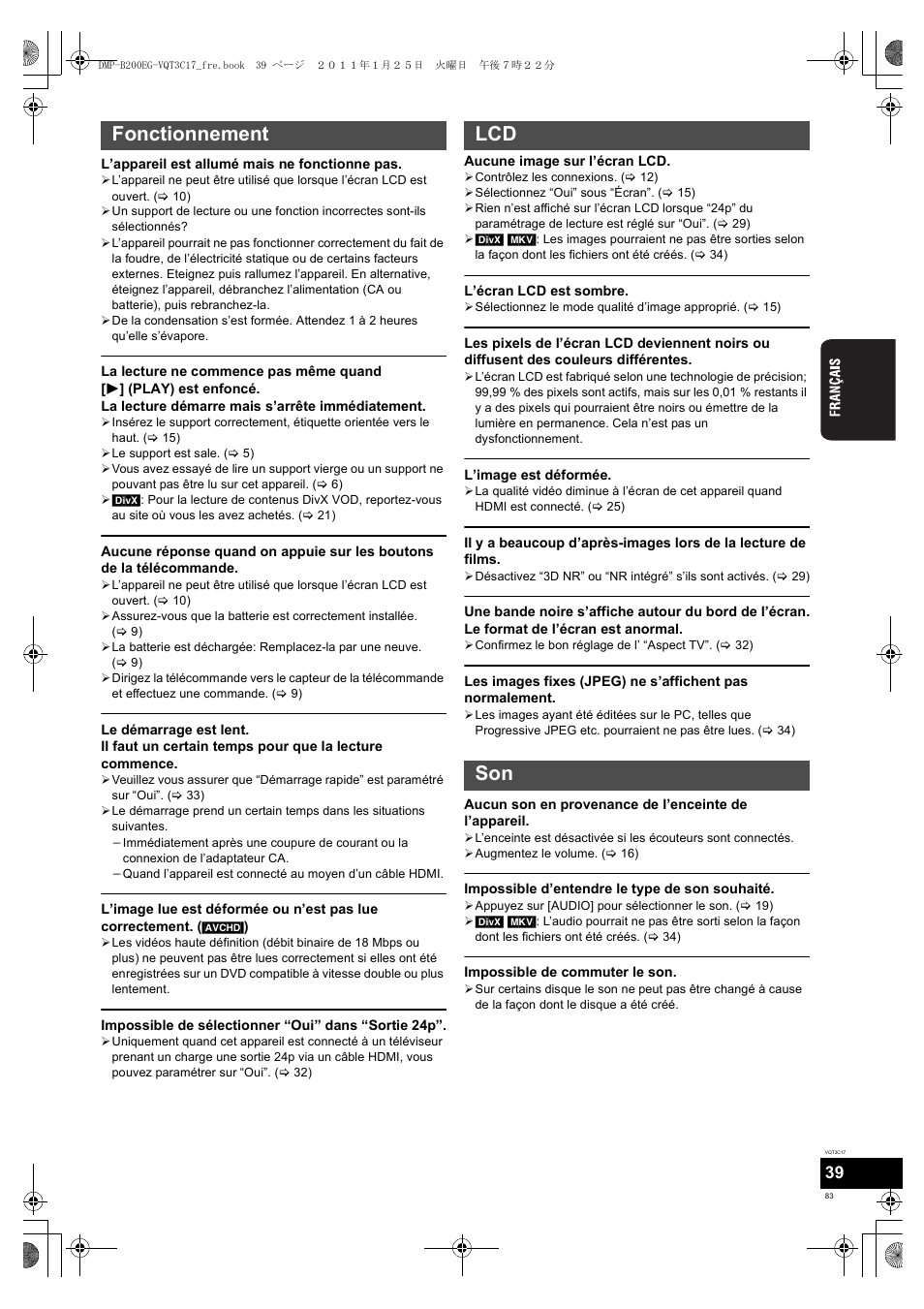 Fonctionnement lcd son | Panasonic DMPB200EG User Manual | Page 83 / 196