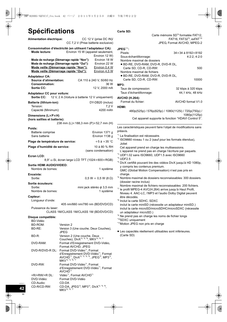 Spécifications | Panasonic DMPB200EG User Manual | Page 86 / 196